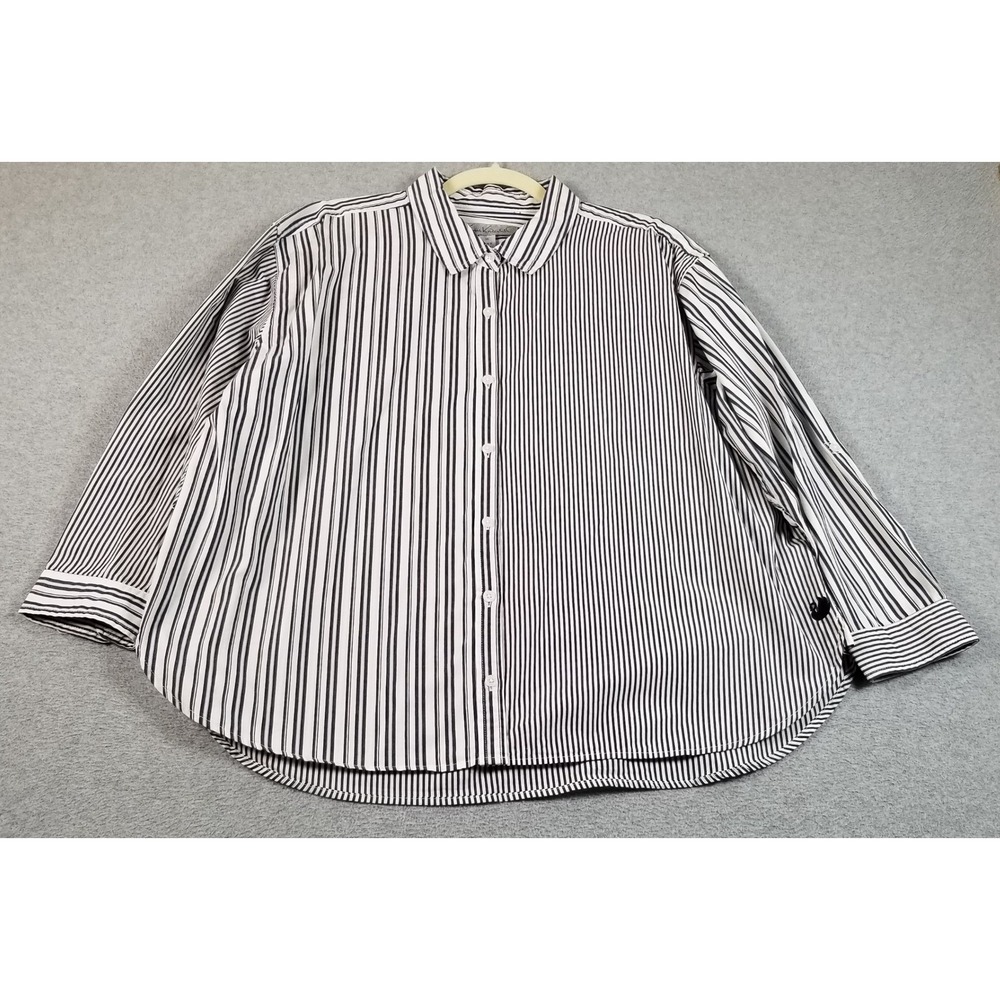 Gloria Vanderbilt Button Up Shirt Womens 1X Plus White Blue Striped Long Sleeves